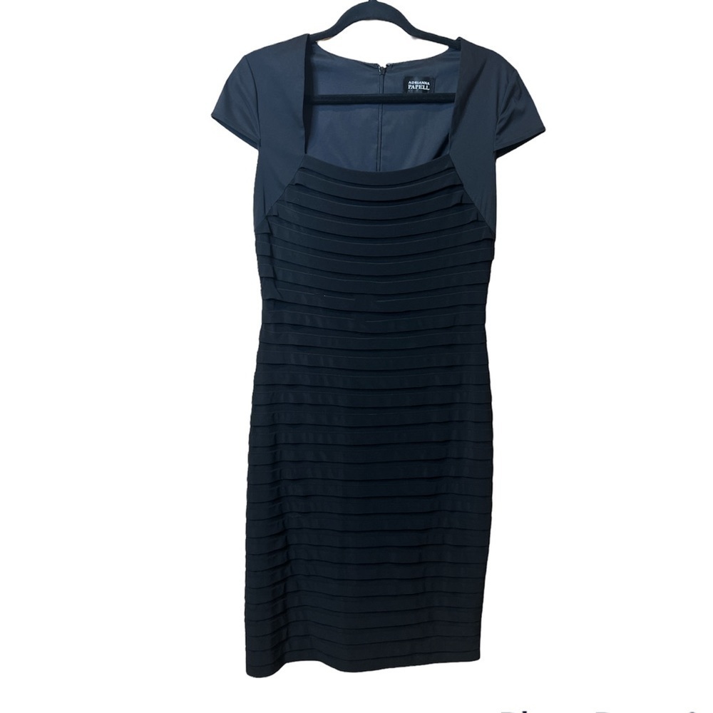 Adrianna Papell Black Tiered Pleating Sheath Cap Sleeve Midi  Dress Size 10
